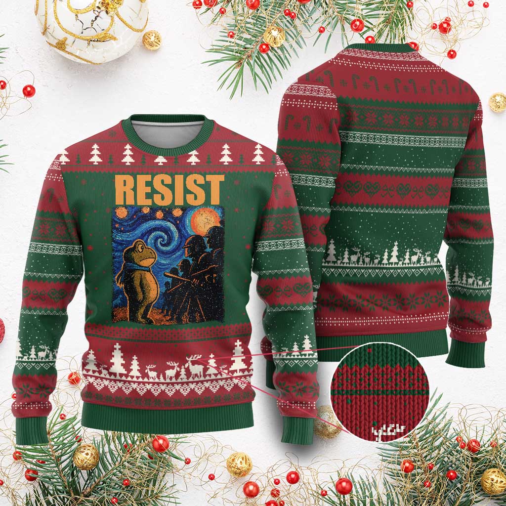 Starry Night Resist Frog Ugly Christmas Sweater Resistance Protest Surreal Art Graphic - Wonder Print Shop