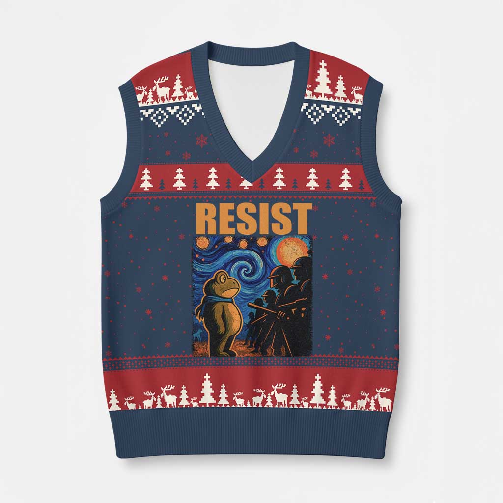 Starry Night Resist Frog V-Neck Knit Sweater Vest Resistance Protest Surreal Art Graphic - Wonder Print Shop