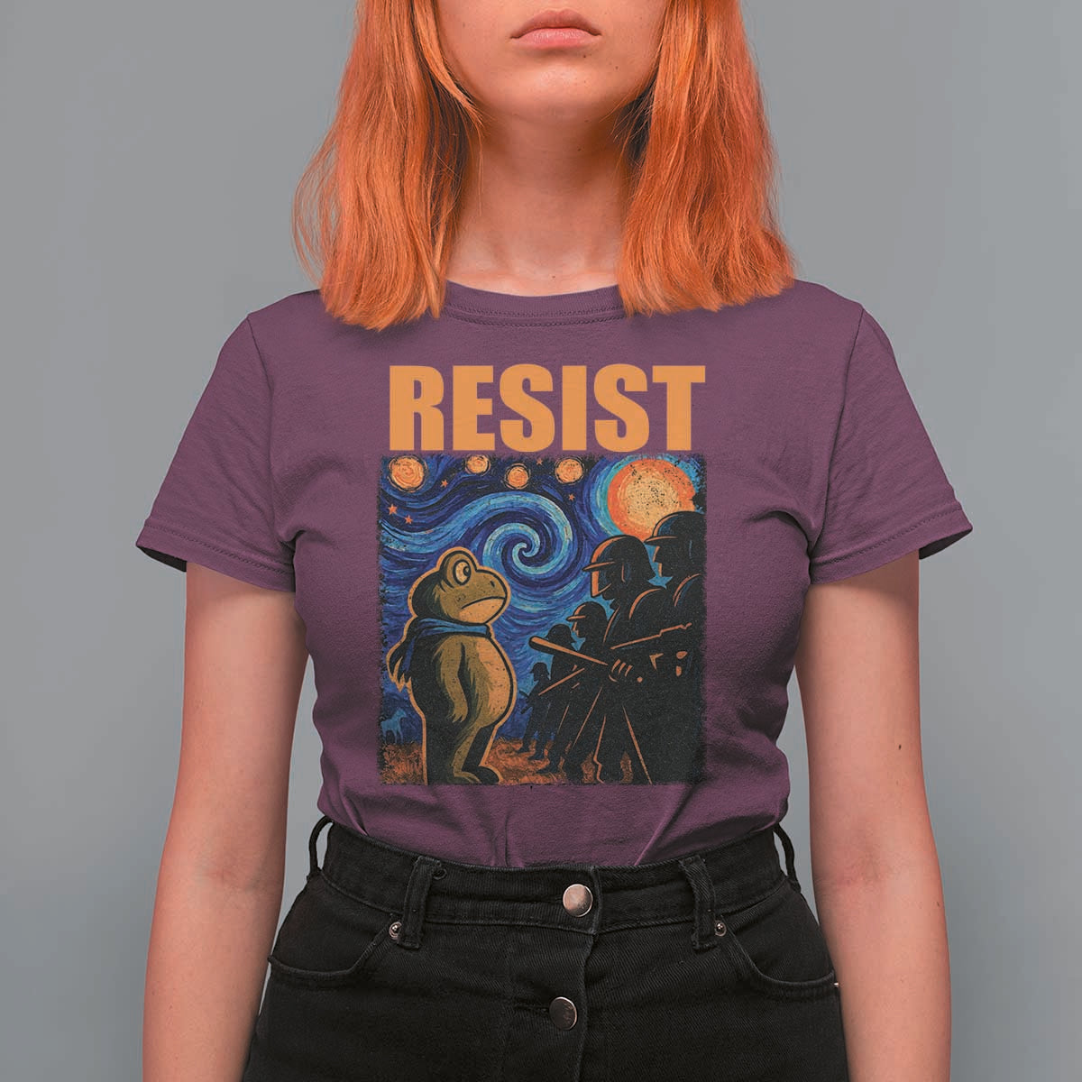 Starry Night Resist Frog T Shirt For Women Resistance Protest Surreal Art Graphic - Wonder Print Shop