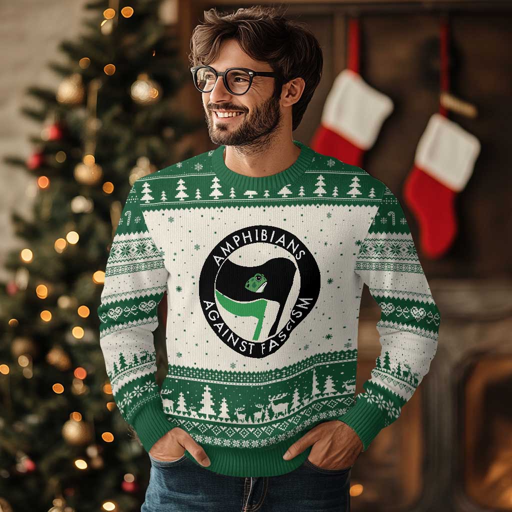 Amphibians Against Fascism Ugly Christmas Sweater Anti-Fascist Frog Logo Portland Protest - Wonder Print Shop