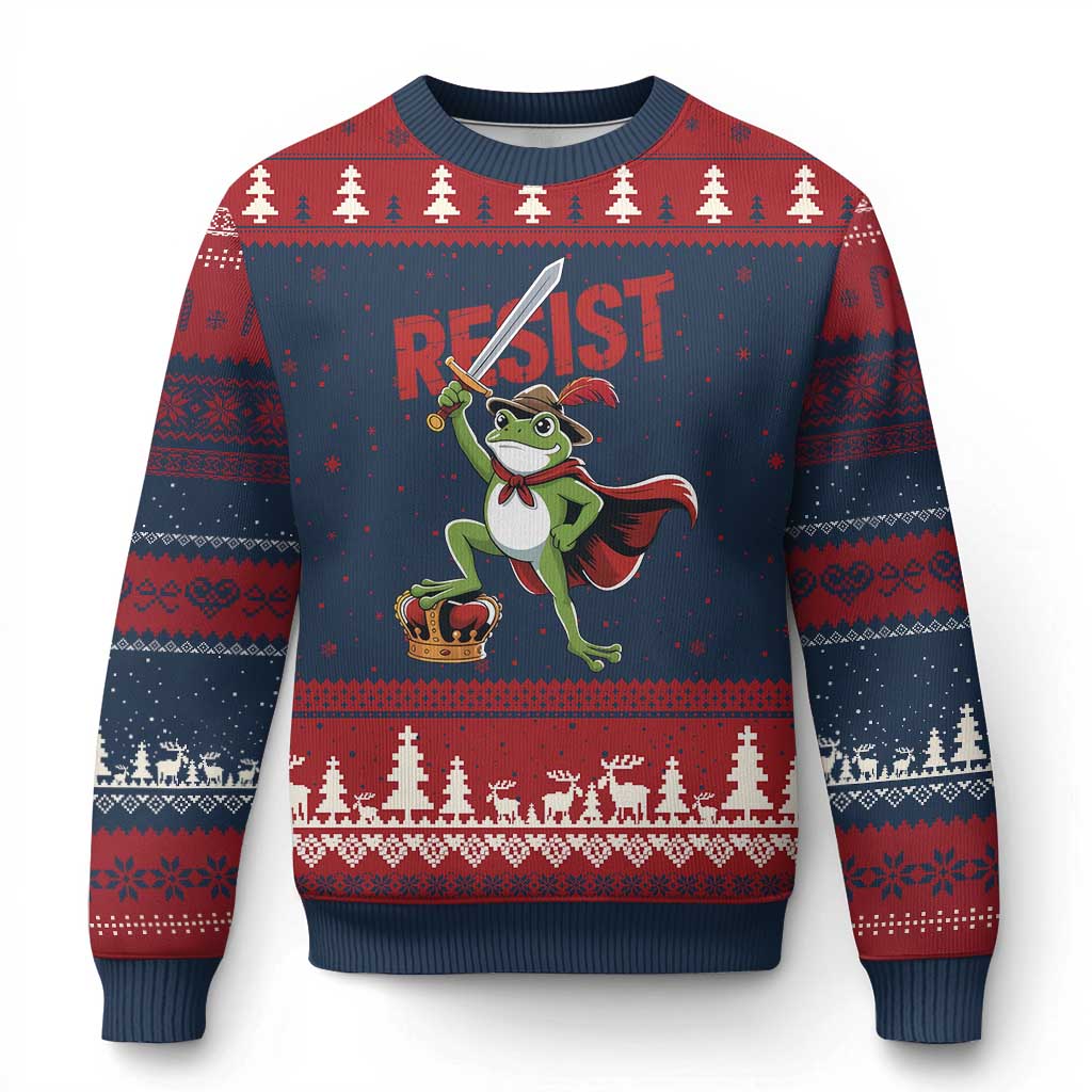Sword Wielding Frog Resistance Ugly Christmas Sweater Resist Protest No Kings - Wonder Print Shop