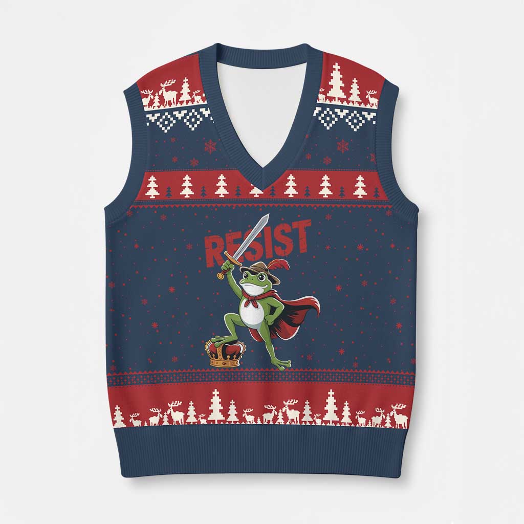 Sword Wielding Frog Resistance V-Neck Knit Sweater Vest Resist Protest No Kings - Wonder Print Shop
