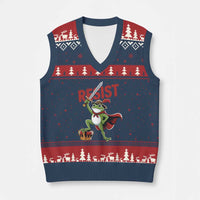 Sword Wielding Frog Resistance V-Neck Knit Sweater Vest Resist Protest No Kings - Wonder Print Shop