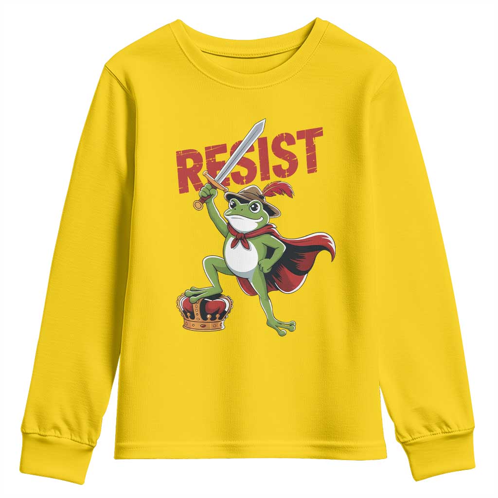 Sword Wielding Frog Resistance Youth Sweatshirt Resist Protest No Kings - Wonder Print Shop