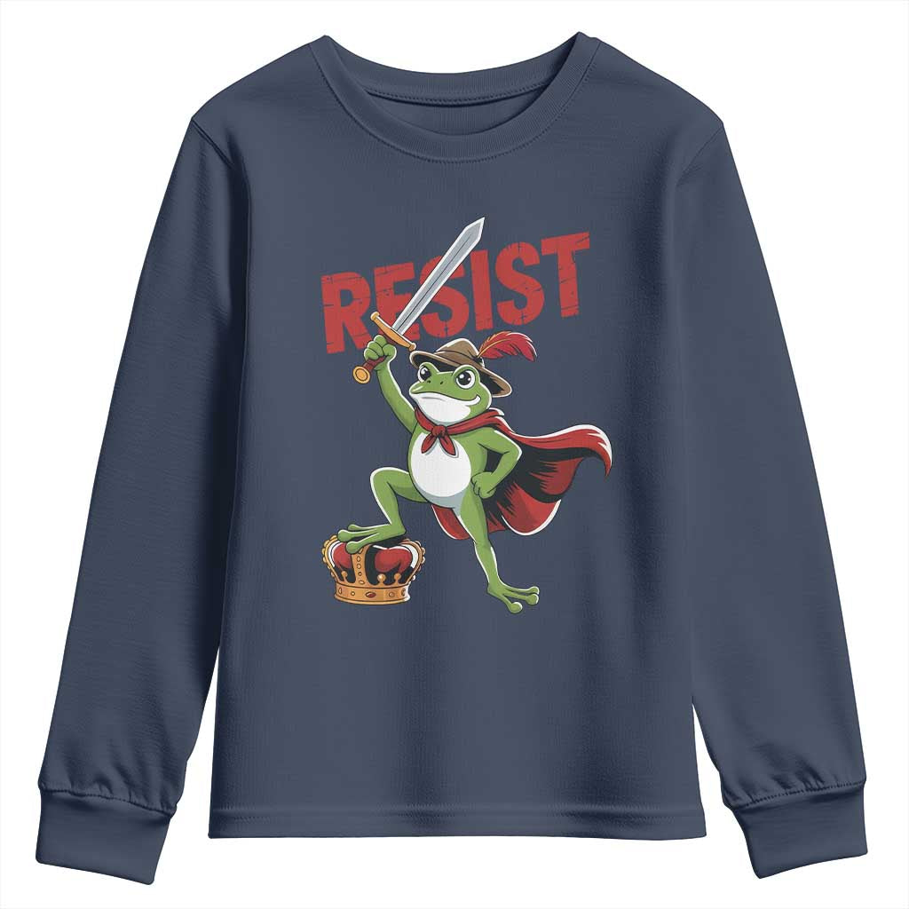 Sword Wielding Frog Resistance Youth Sweatshirt Resist Protest No Kings - Wonder Print Shop