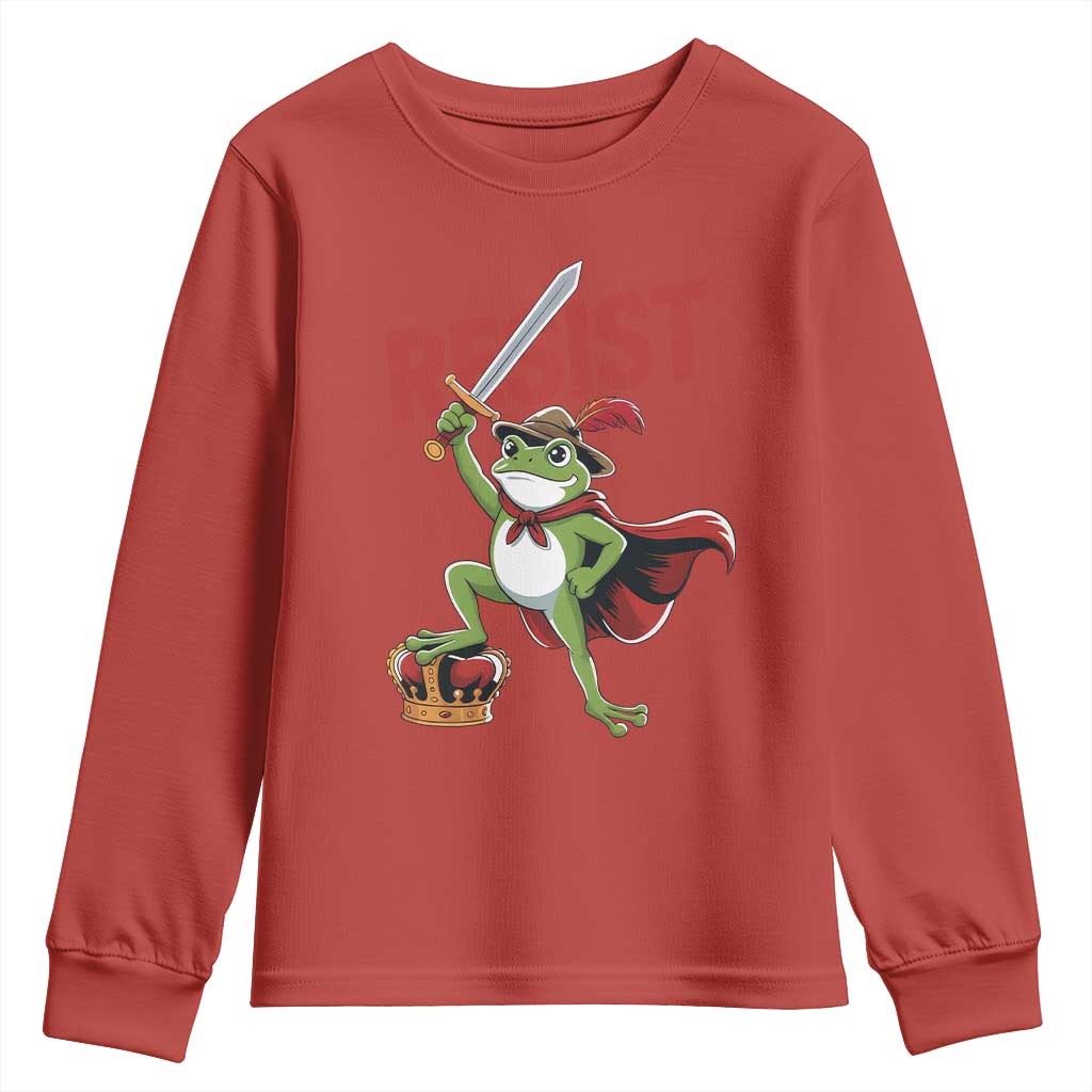 Sword Wielding Frog Resistance Youth Sweatshirt Resist Protest No Kings - Wonder Print Shop