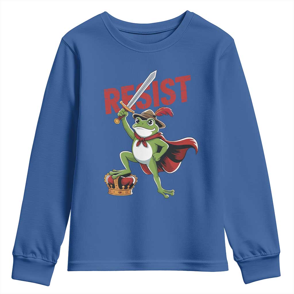 Sword Wielding Frog Resistance Youth Sweatshirt Resist Protest No Kings - Wonder Print Shop