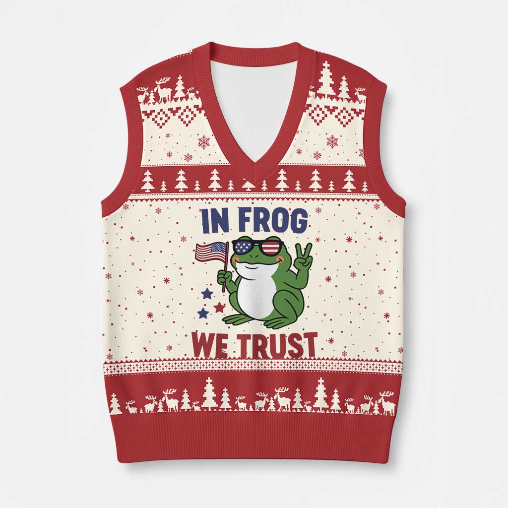 In Frog We Trust V-Neck Knit Sweater Vest Patriotic Portland Frogs Protest - Wonder Print Shop