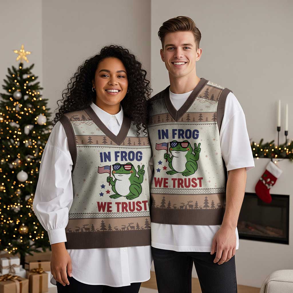 In Frog We Trust V-Neck Knit Sweater Vest Patriotic Portland Frogs Protest - Wonder Print Shop