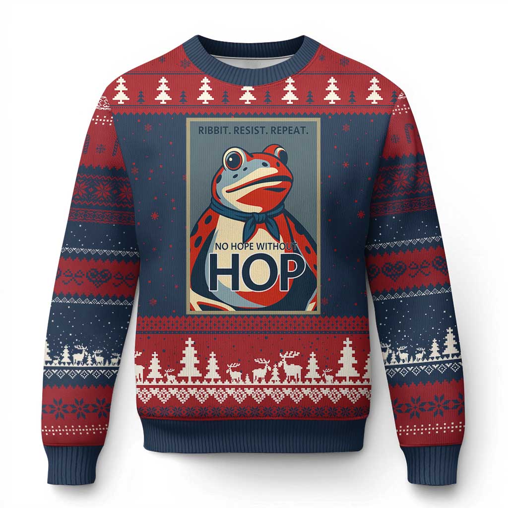 No Hope Without Hop Ugly Christmas Sweater Ribbit Resist Repeat Resistance Frog Protest Pop Art Graphic - Wonder Print Shop