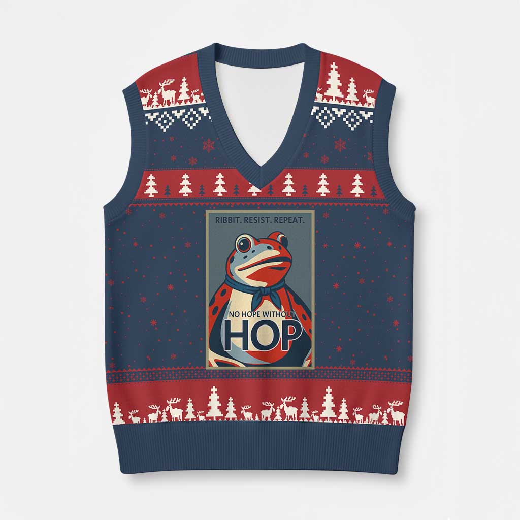 No Hope Without Hop V-Neck Knit Sweater Vest Ribbit Resist Repeat Resistance Frog Protest Pop Art Graphic - Wonder Print Shop
