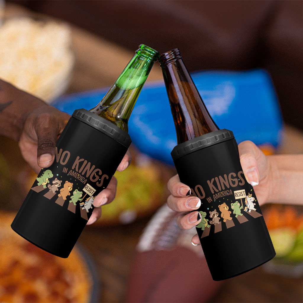 No Kings in America 4 in 1 Can Cooler Tumbler Resist Protest Cute Animal Resistance March - Wonder Print Shop