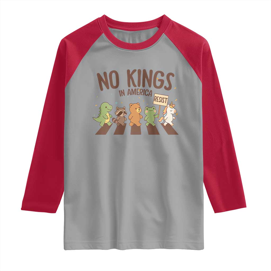No Kings in America Raglan Shirt Resist Protest Cute Animal Resistance March - Wonder Print Shop