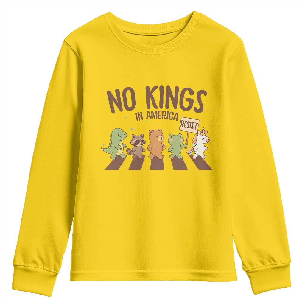 No Kings in America Youth Sweatshirt Resist Protest Cute Animal Resistance March - Wonder Print Shop