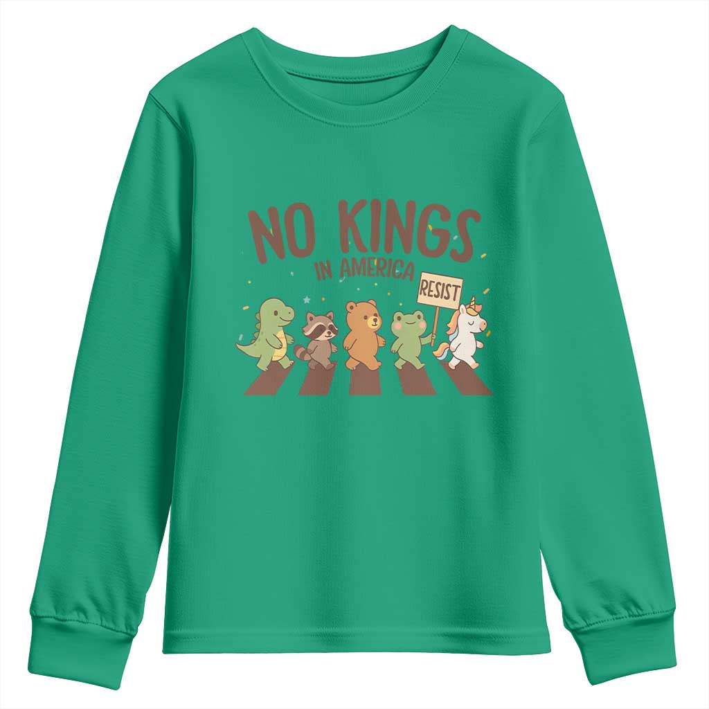 No Kings in America Youth Sweatshirt Resist Protest Cute Animal Resistance March - Wonder Print Shop