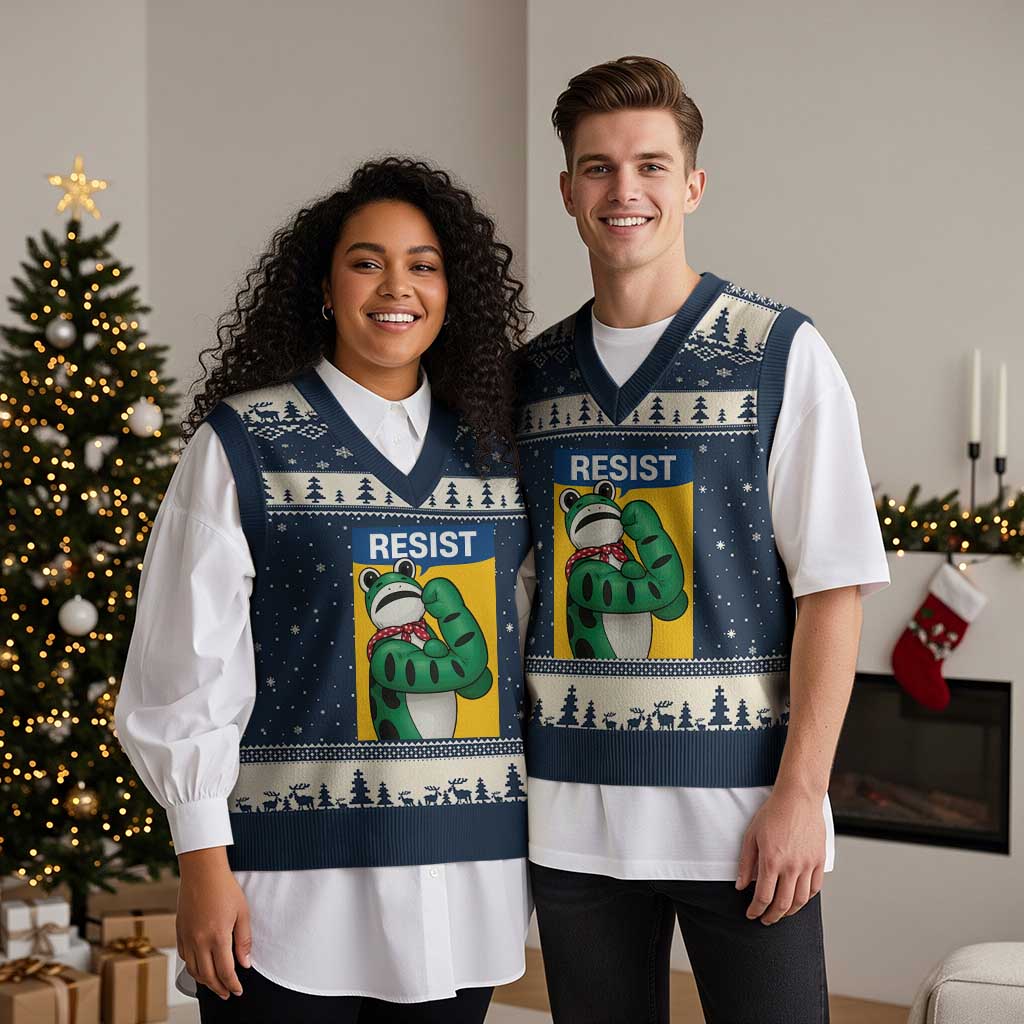 Resist Rosie Frog V-Neck Knit Sweater Vest Protest Parody Feminist Retro Poster - Wonder Print Shop