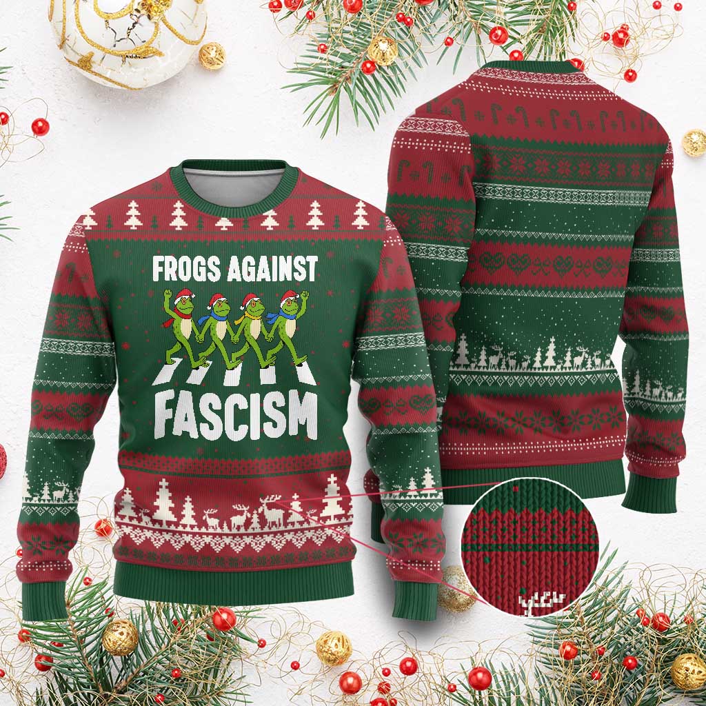 Santa Frog Against Fascism Ugly Christmas Sweater Xmas Holiday Frogs Band Resistance Protest - Wonder Print Shop