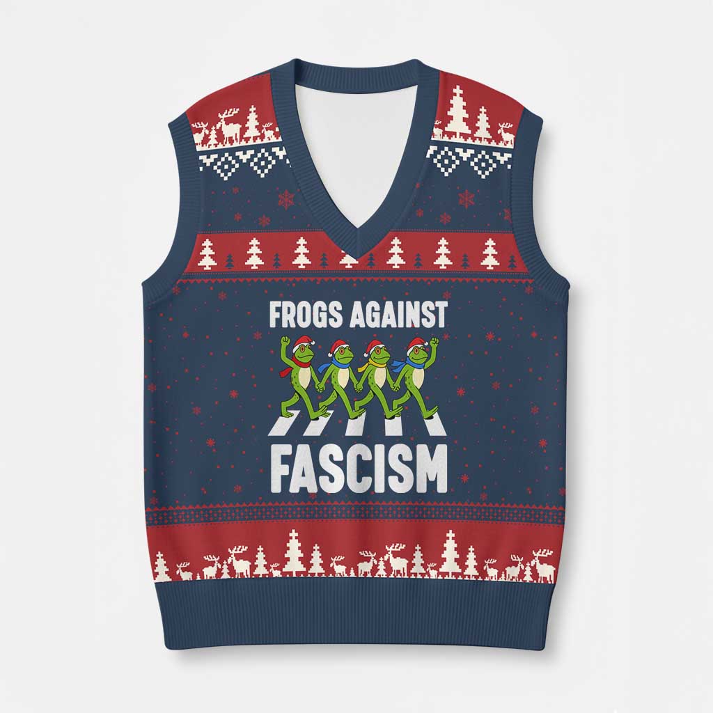 Santa Frog Against Fascism V-Neck Knit Sweater Vest Xmas Holiday Frogs Band Resistance Protest - Wonder Print Shop