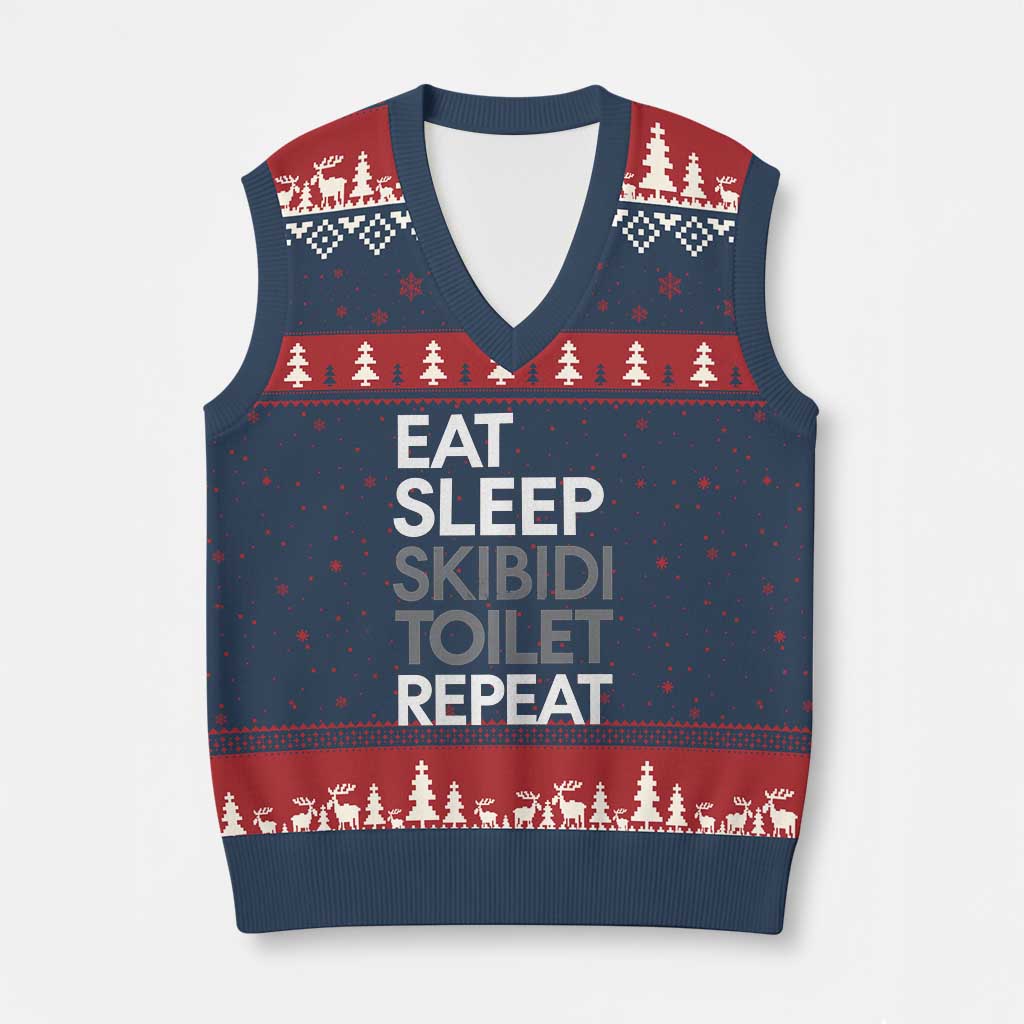Eat Sleep Skibidi Toilet Repeat V-Neck Knit Sweater Vest Funny Gen Alpha Slang - Wonder Print Shop