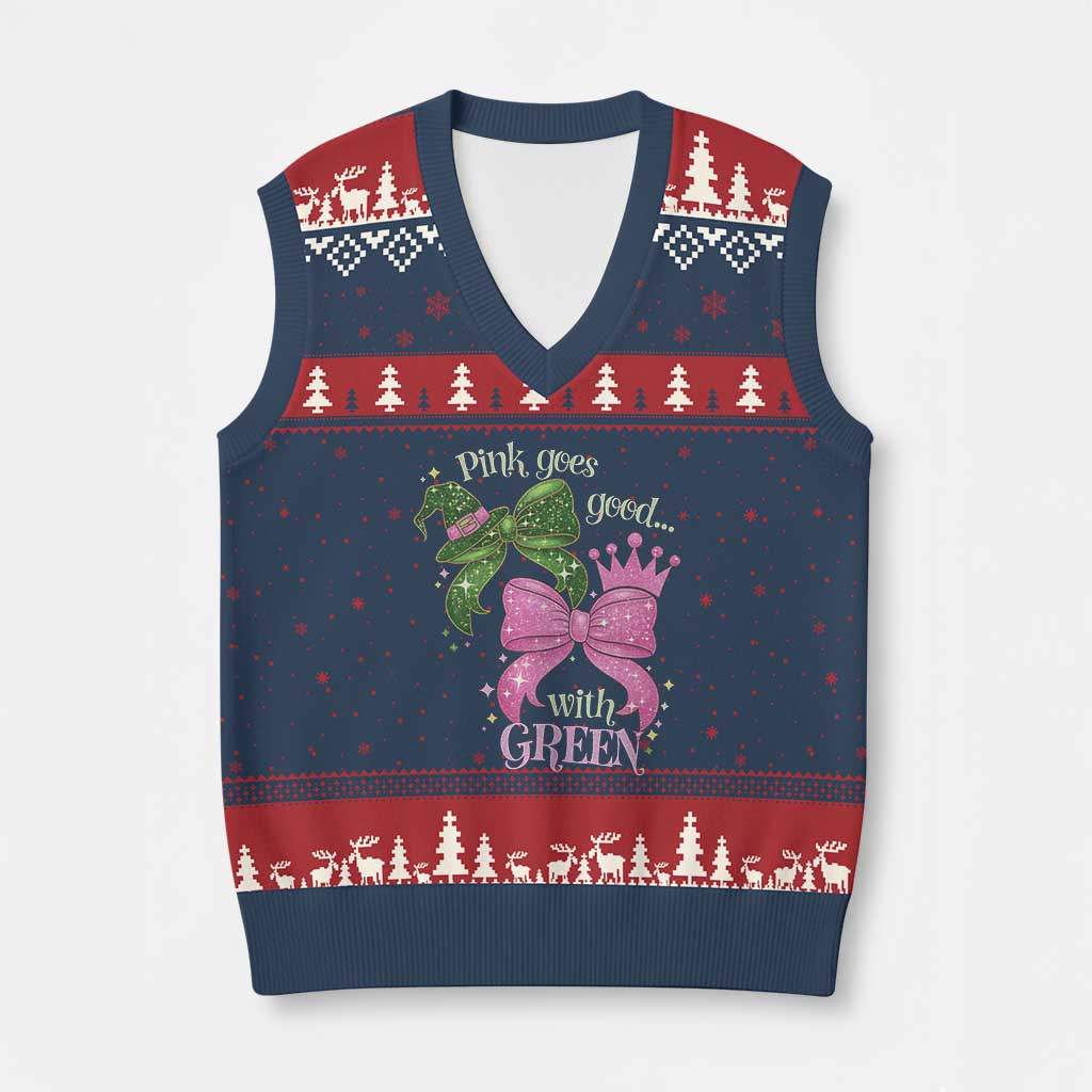 Green and Pink Coquette Bow V-Neck Knit Sweater Vest Pink Goes Good With Green - Wonder Print Shop
