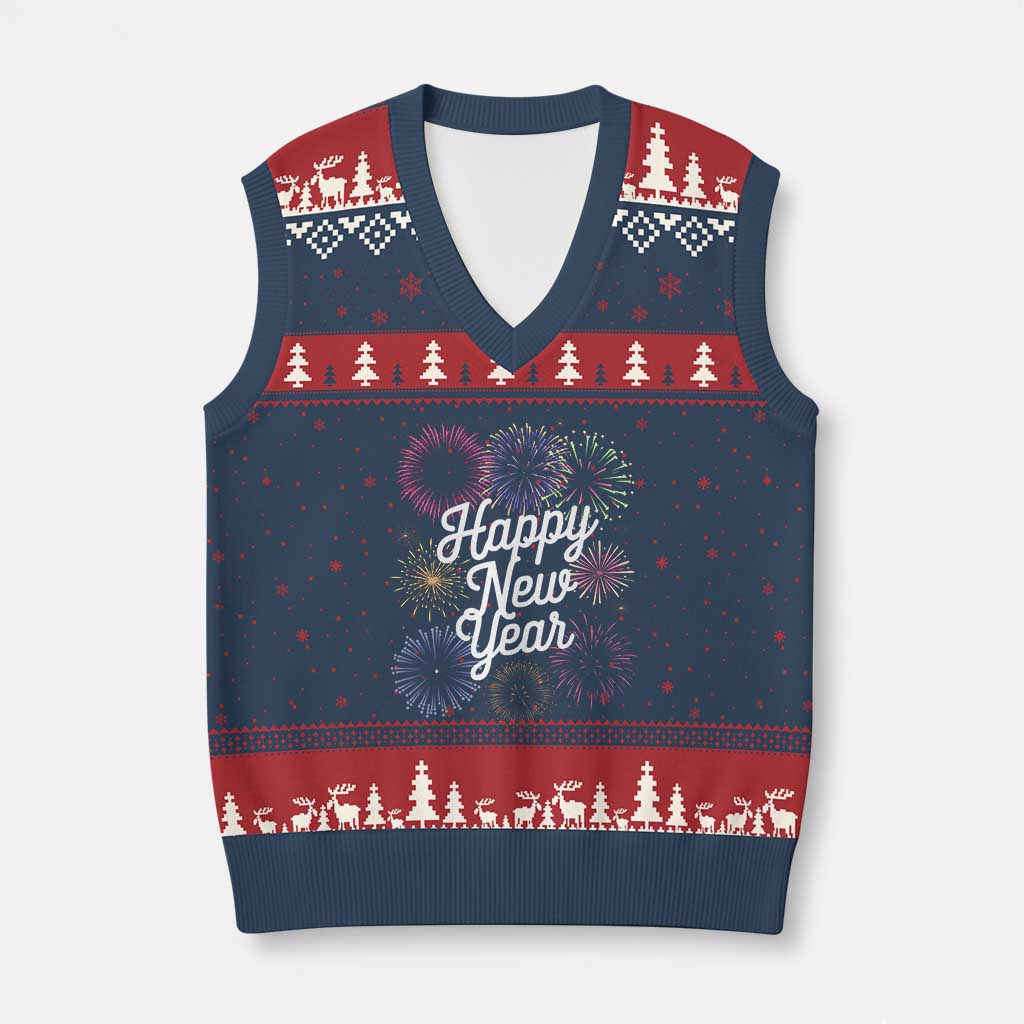 Happy New Year 2025 V-Neck Knit Sweater Vest Fireworks Party Supplies Family Matching - Wonder Print Shop