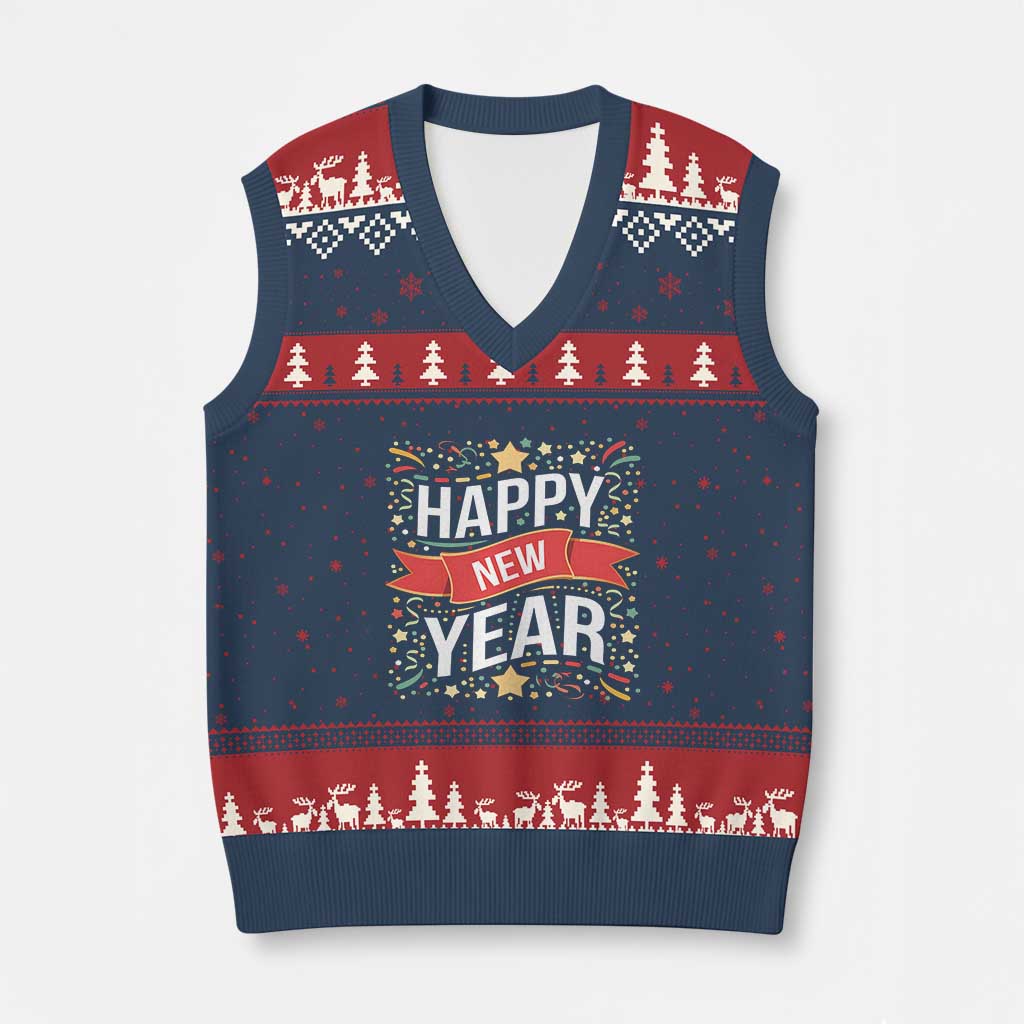 Happy New Year 2025 V-Neck Knit Sweater Vest Confetti Fireworks Party Supplies Family Matching - Wonder Print Shop