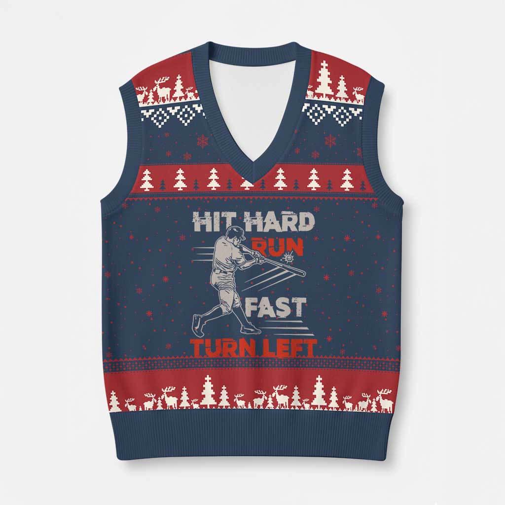 Baseball Lover V-Neck Knit Sweater Vest Hit Hard Run Fast Turn Left Softball Fan - Wonder Print Shop