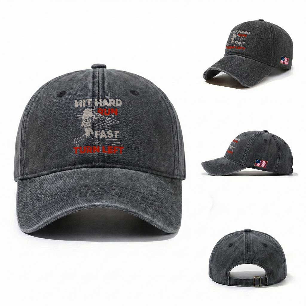 Baseball Lover Washed Cotton Baseball Cap Hit Hard Run Fast Turn Left Softball Fan