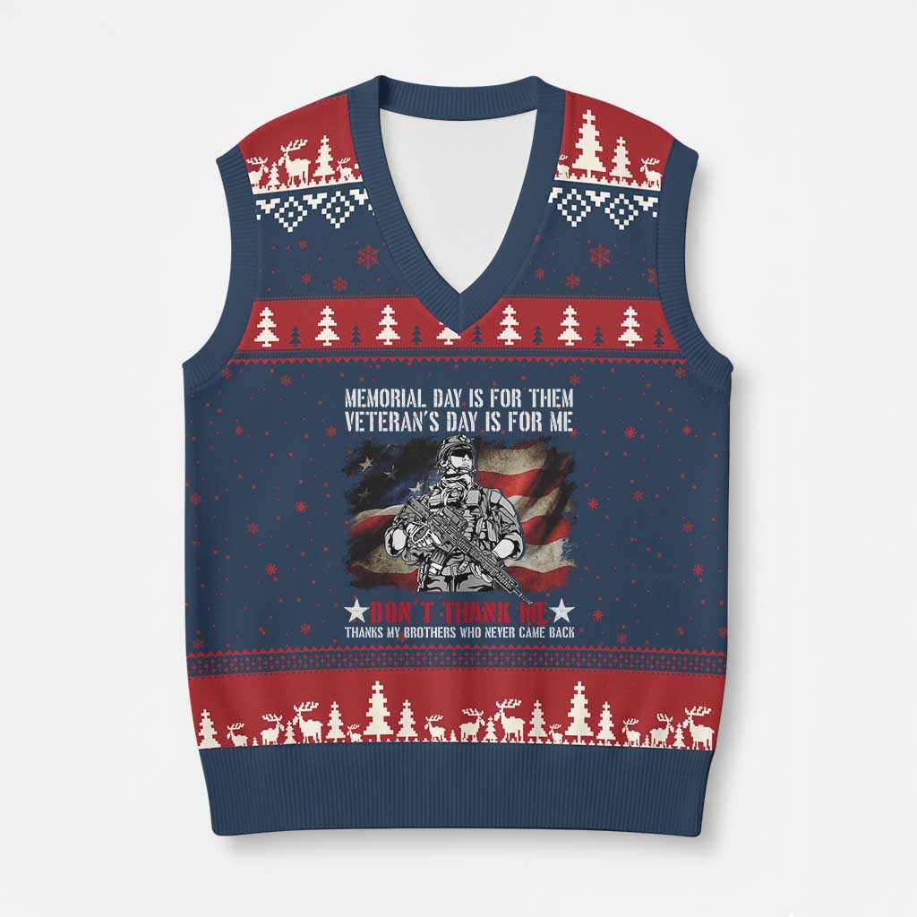 Patriotic Memorial Day V-Neck Knit Sweater Vest Remember Our Heroes Veterans Brothers American Flag - Wonder Print Shop