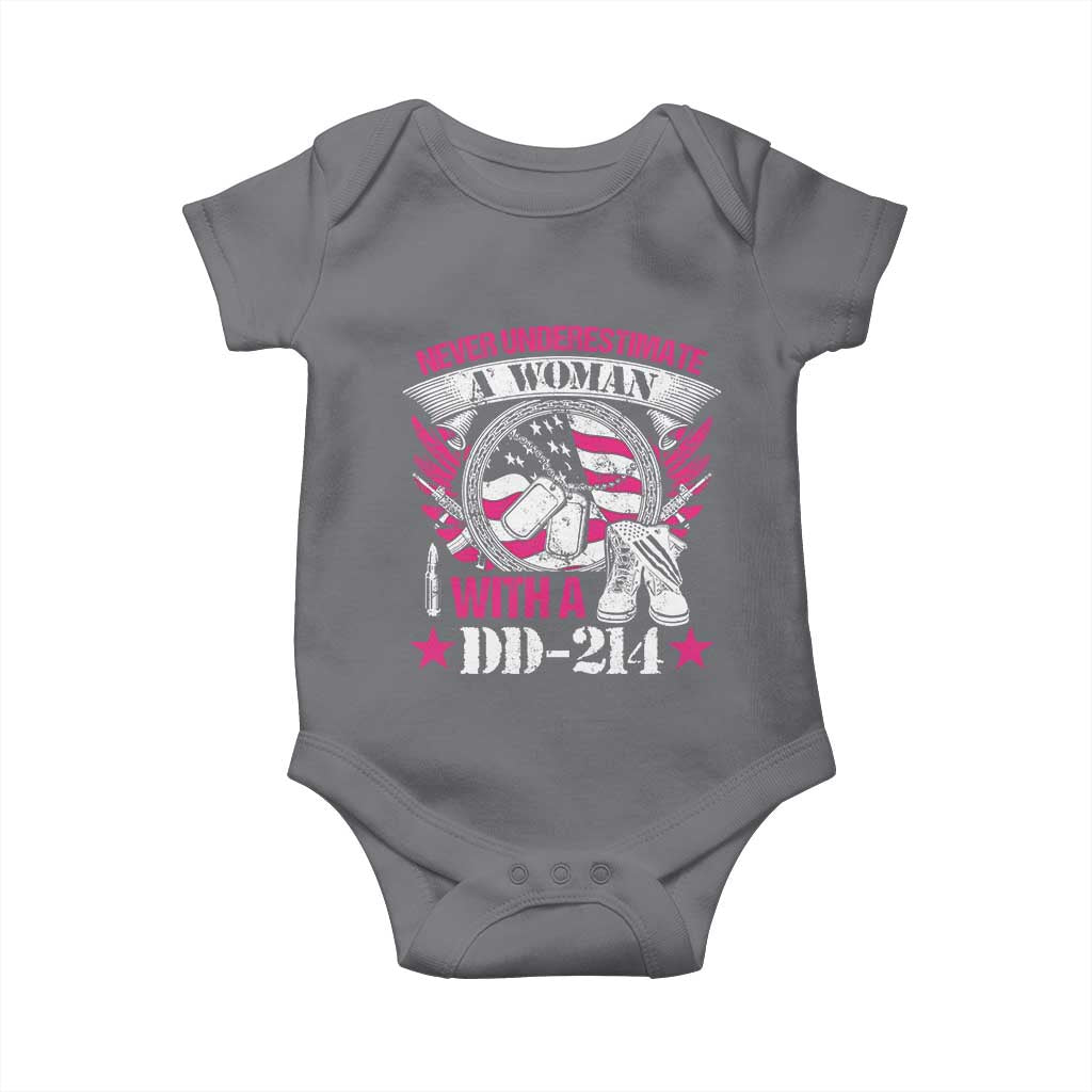 Female Veteran Baby Onesie Never Underestimate A Woman With DD214 US Military