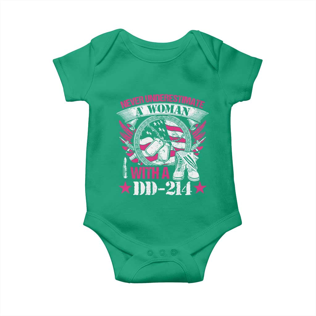 Female Veteran Baby Onesie Never Underestimate A Woman With DD214 US Military