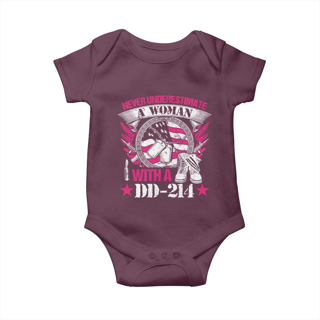 Female Veteran Baby Onesie Never Underestimate A Woman With DD214 US Military