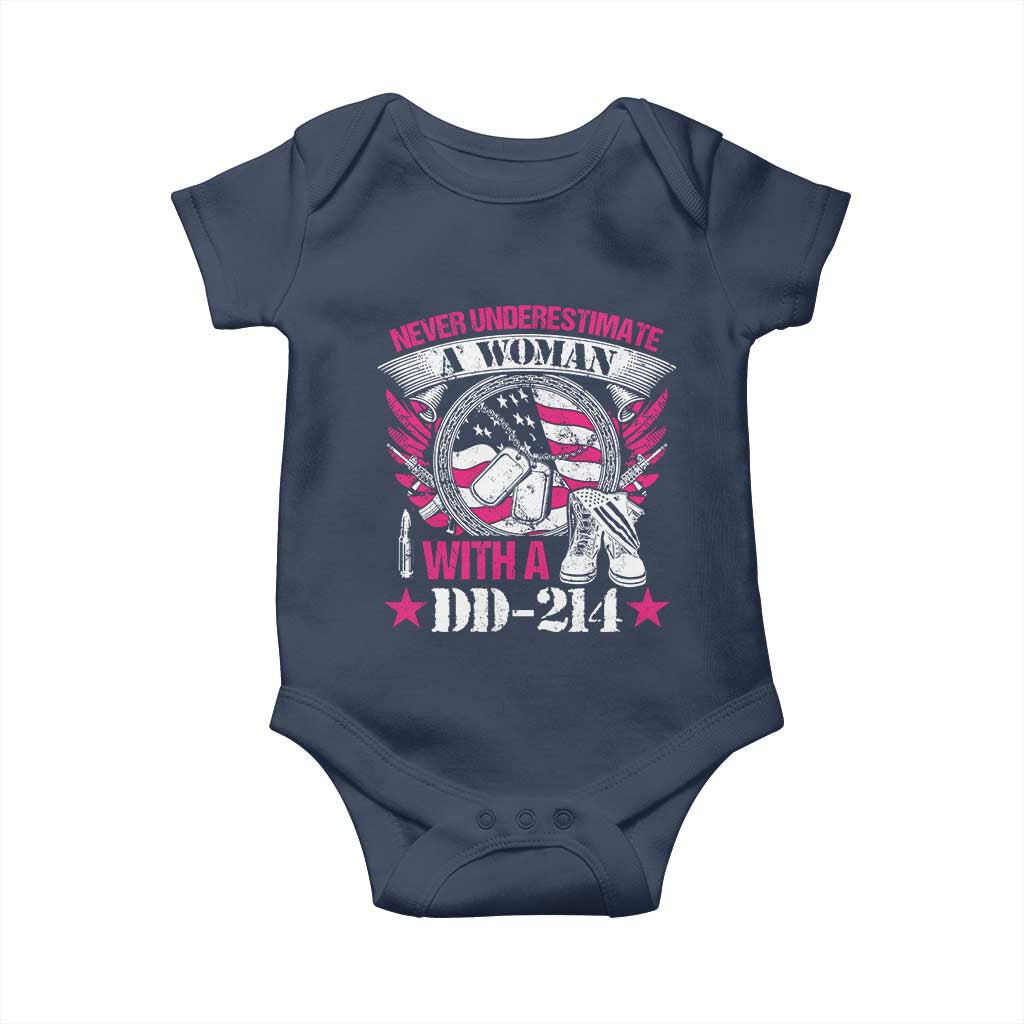 Female Veteran Baby Onesie Never Underestimate A Woman With DD214 US Military