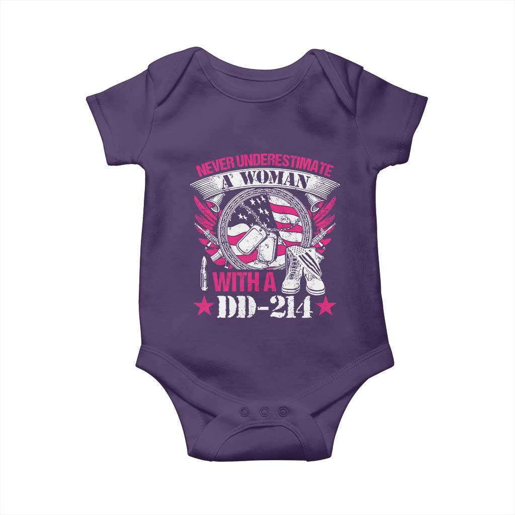 Female Veteran Baby Onesie Never Underestimate A Woman With DD214 US Military