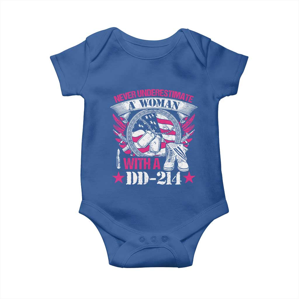 Female Veteran Baby Onesie Never Underestimate A Woman With DD214 US Military