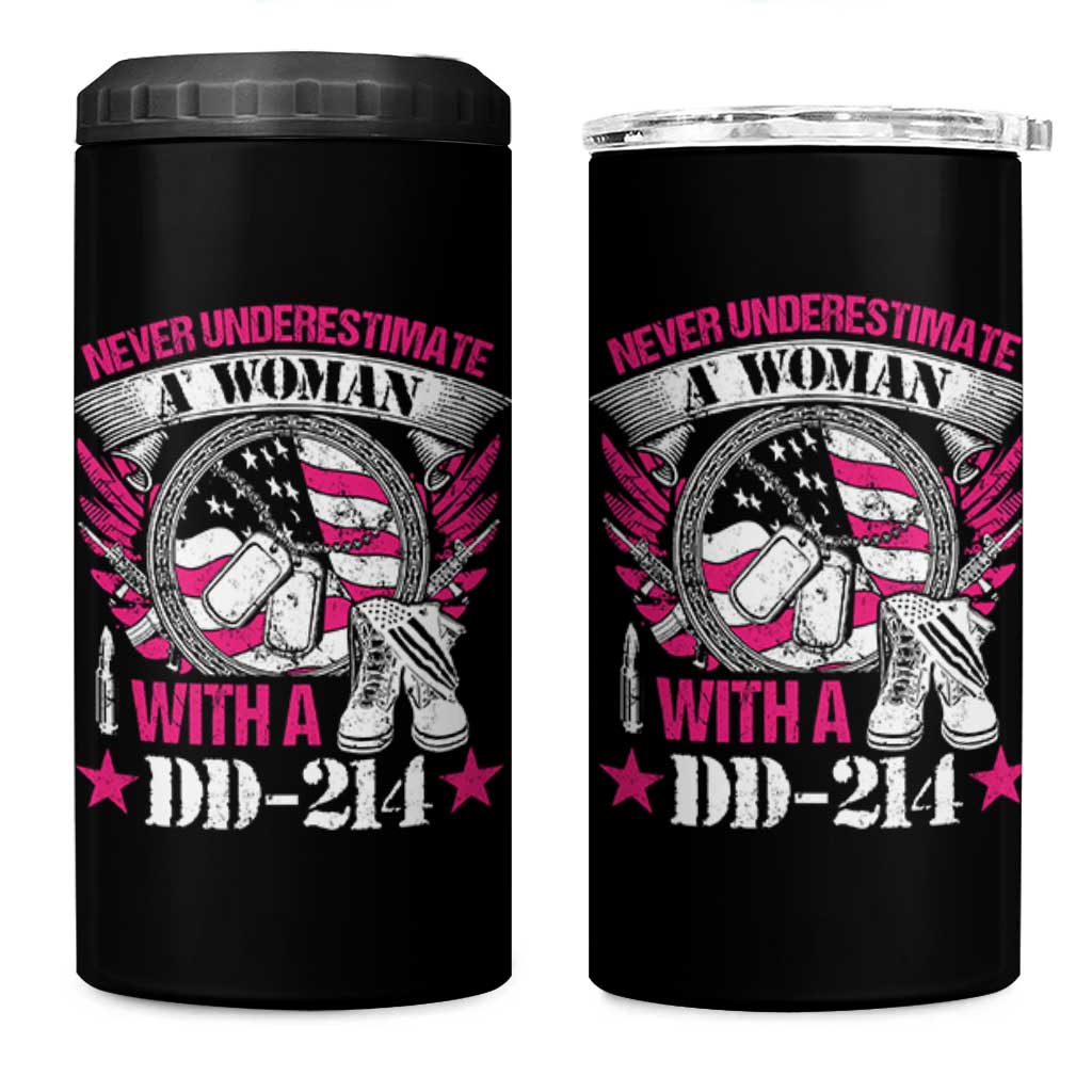 Female Veteran 4 in 1 Can Cooler Tumbler Never Underestimate A Woman With DD214 US Military