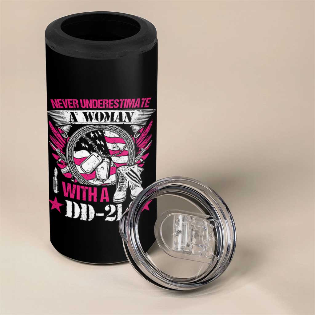 Female Veteran 4 in 1 Can Cooler Tumbler Never Underestimate A Woman With DD214 US Military