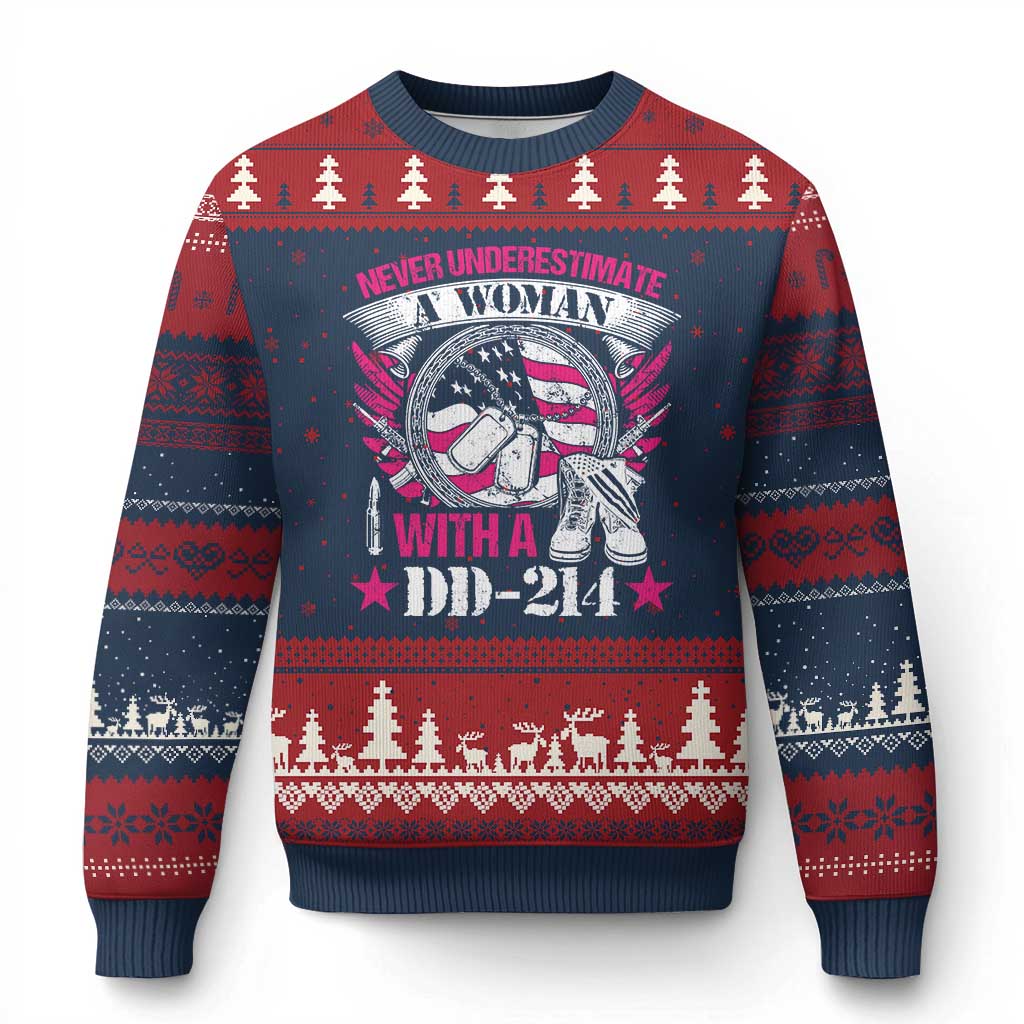 Female Veteran Ugly Christmas Sweater Never Underestimate A Woman With DD214 US Military - Wonder Print Shop