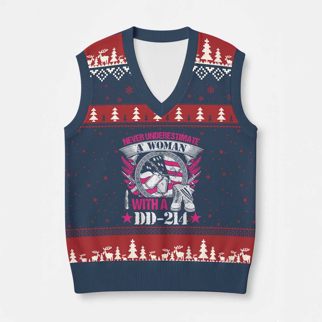 Female Veteran V-Neck Knit Sweater Vest Never Underestimate A Woman With DD214 US Military - Wonder Print Shop