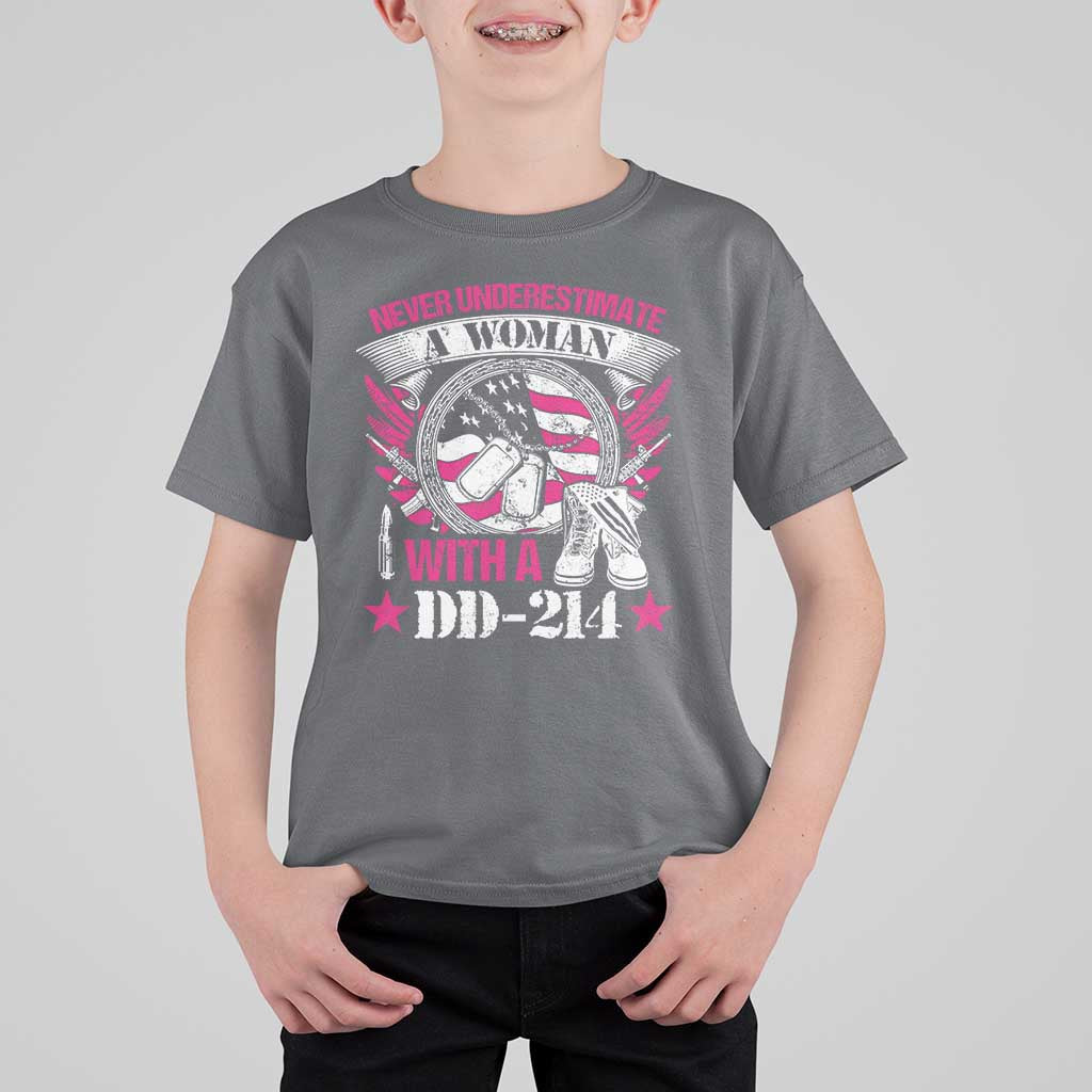 Female Veteran T Shirt For Kid Never Underestimate A Woman With DD214 US Military