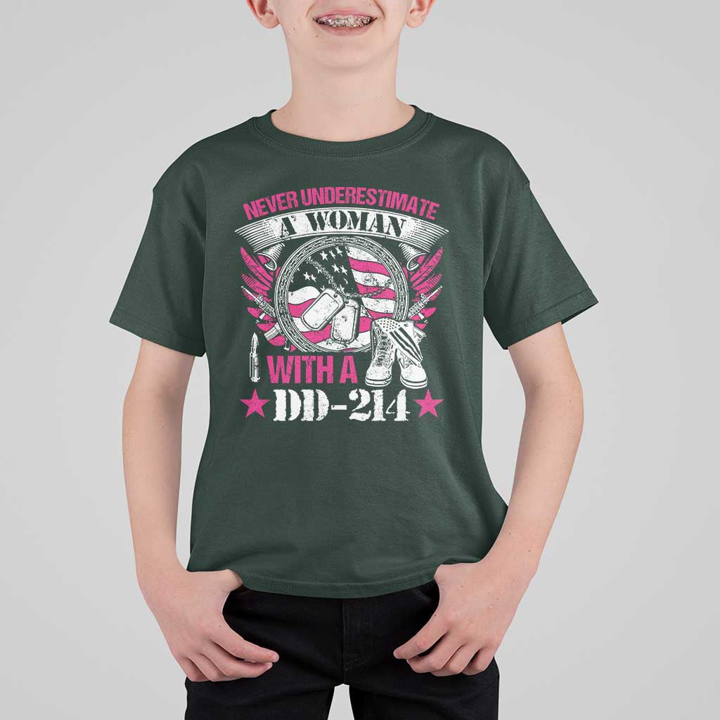 Female Veteran T Shirt For Kid Never Underestimate A Woman With DD214 US Military