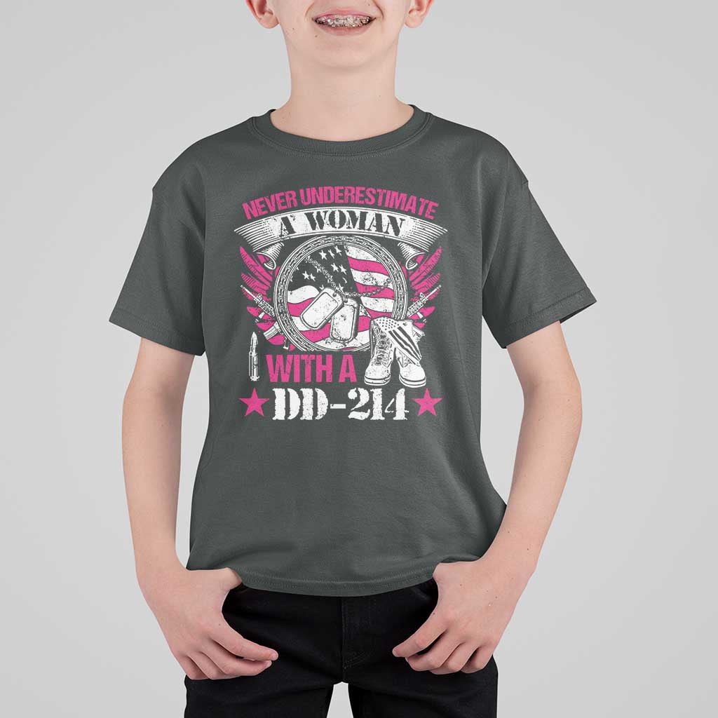 Female Veteran T Shirt For Kid Never Underestimate A Woman With DD214 US Military