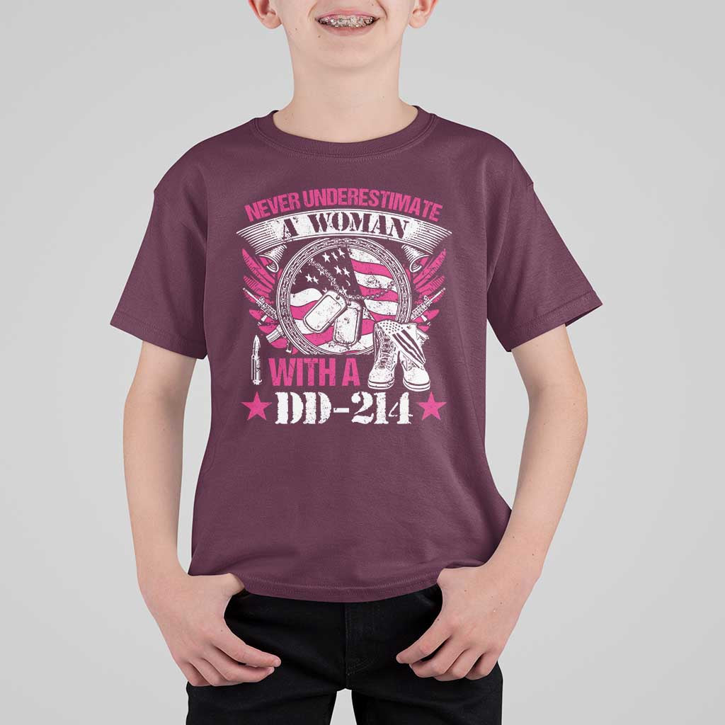 Female Veteran T Shirt For Kid Never Underestimate A Woman With DD214 US Military