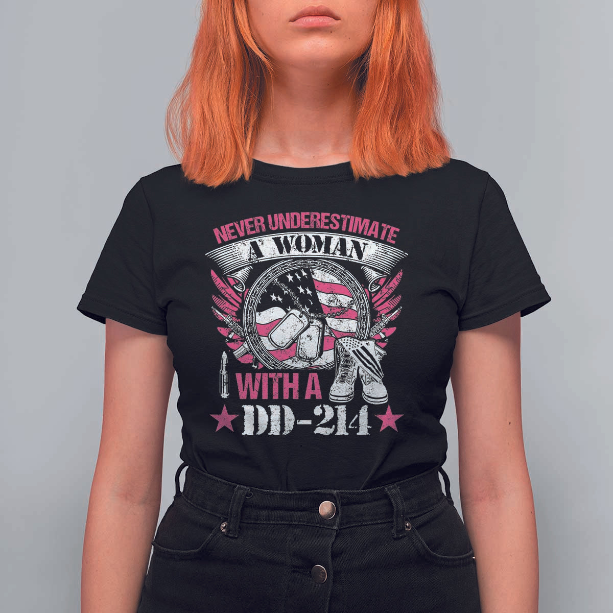 Female Veteran T Shirt For Women Never Underestimate A Woman With DD214 US Military