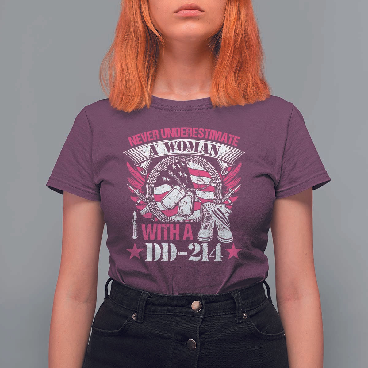 Female Veteran T Shirt For Women Never Underestimate A Woman With DD214 US Military