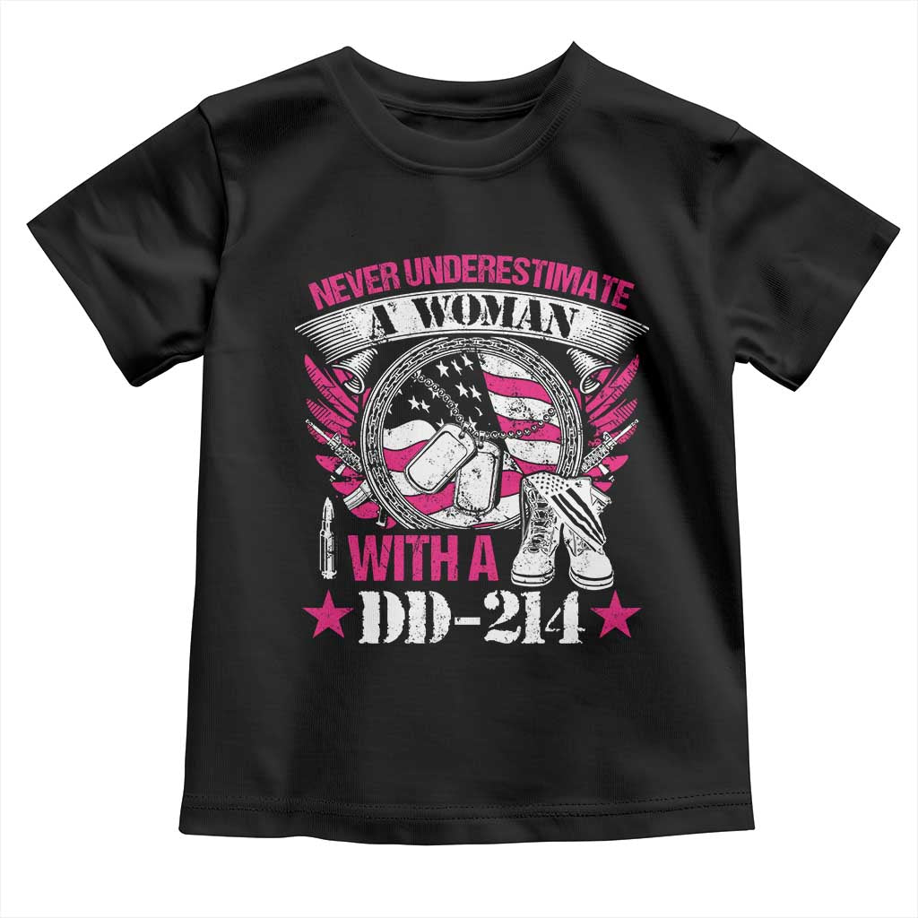 Female Veteran Toddler T Shirt Never Underestimate A Woman With DD214 US Military