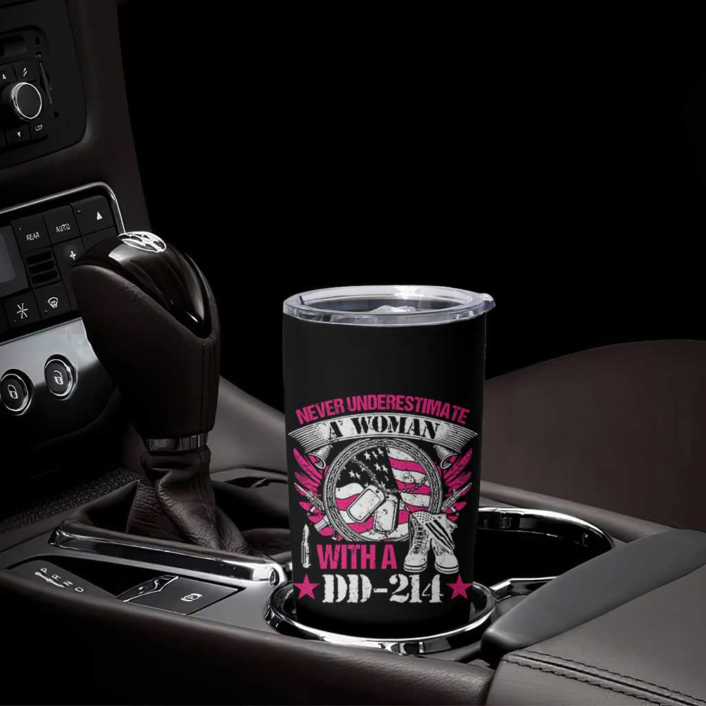 Female Veteran Tumbler Cup Never Underestimate A Woman With DD214 US Military