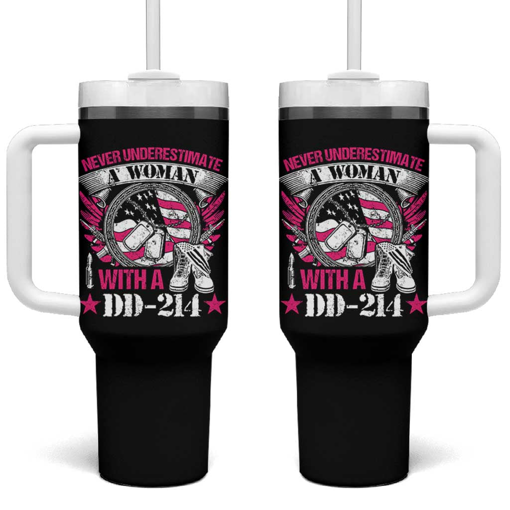 Female Veteran Tumbler With Handle Never Underestimate A Woman With DD214 US Military