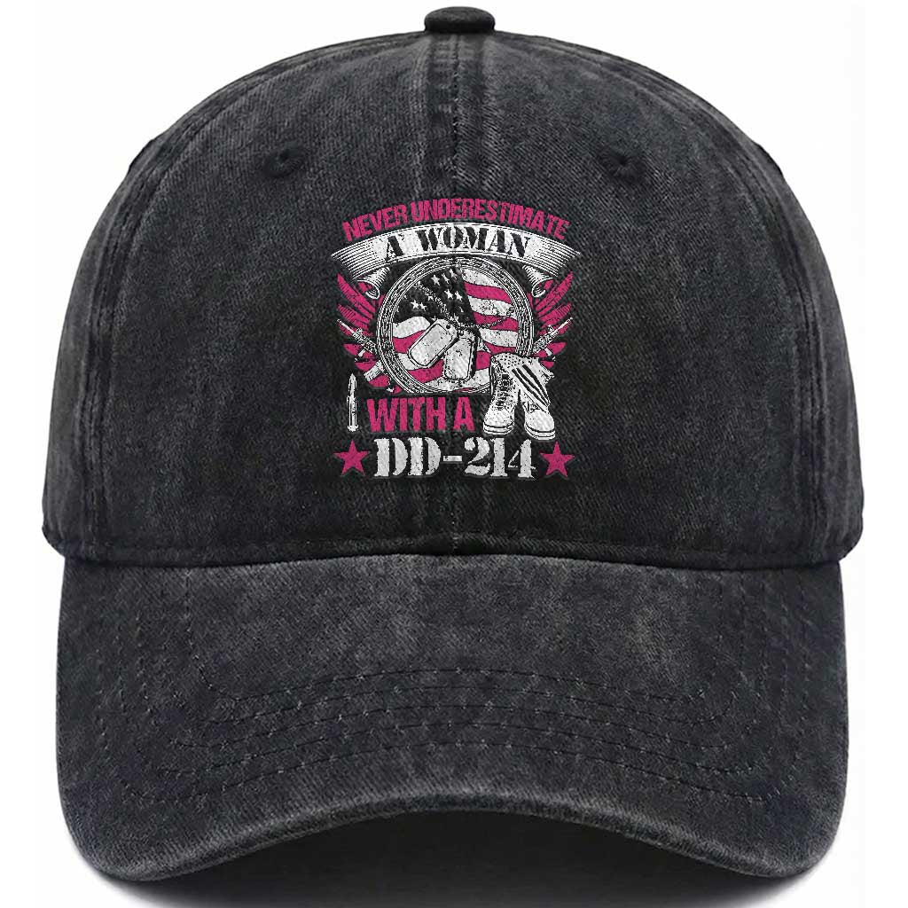 Female Veteran Washed Cotton Baseball Cap Never Underestimate A Woman With DD214 Women US Military