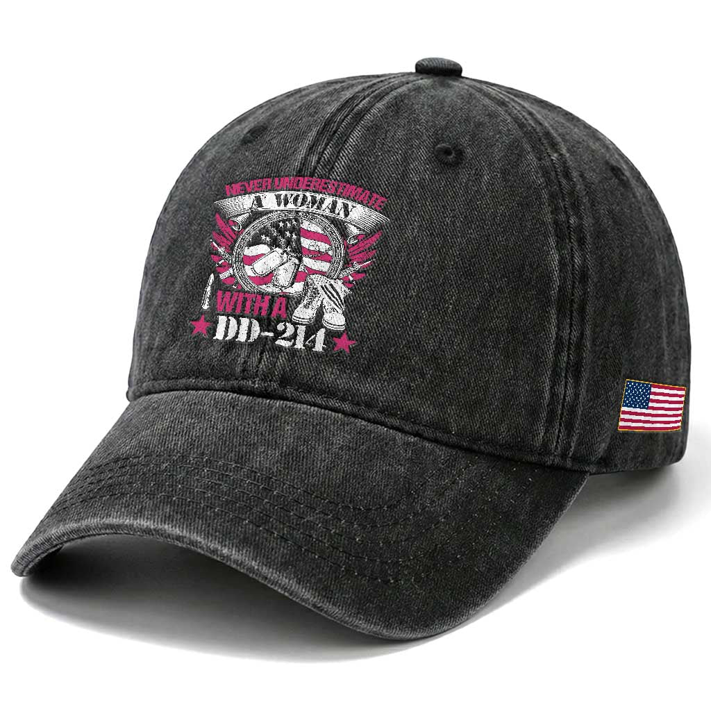 Female Veteran Washed Cotton Baseball Cap Never Underestimate A Woman With DD214 Women US Military